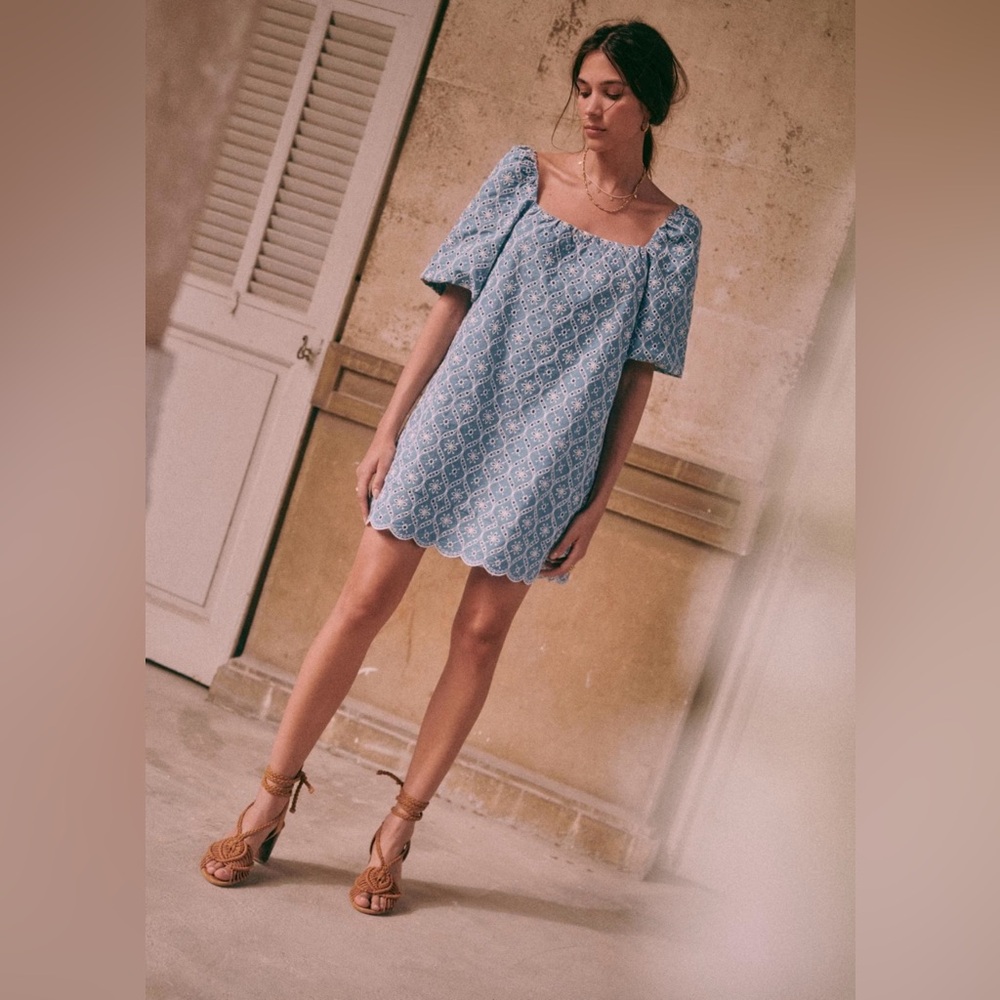 Sezane Doris Dress Blue Embroidered Like New Sz 38 $196 + tax